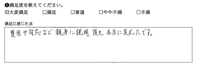 費用や対応など親身に説明頂き本当に良かったです